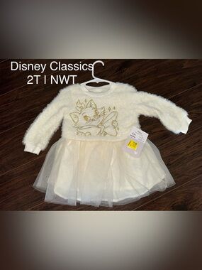 Disney Classics White Fuzzy Tulle Dress with Gold Embroidered aristocrats Marie
